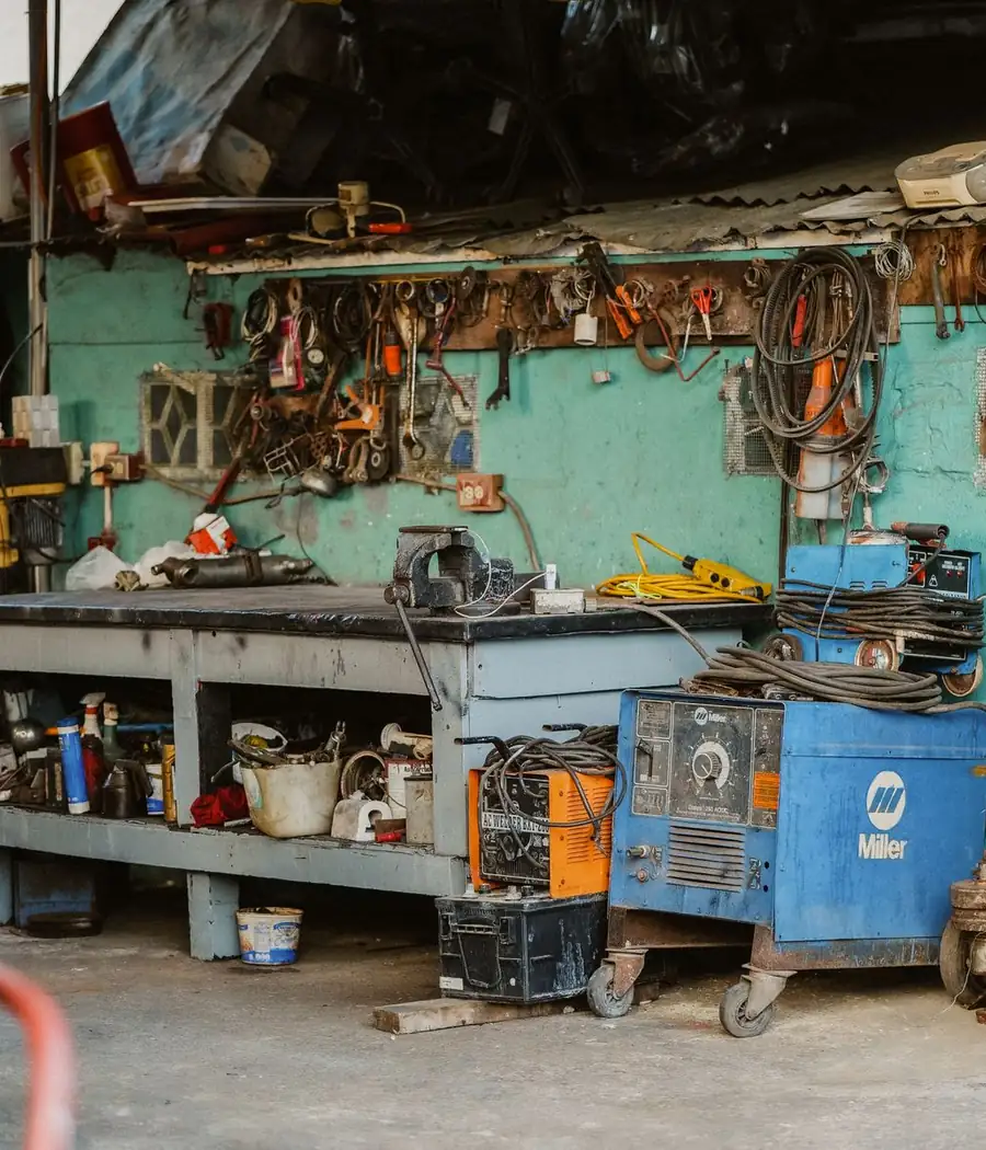 Workbench with tools and equipment in a garage workshop